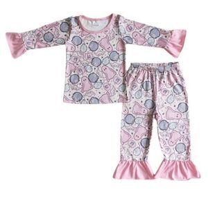 EUC Girls Pink Halloween Ghosts Pajama Set PJ Lounge Top/Pants Ruffle - 3T